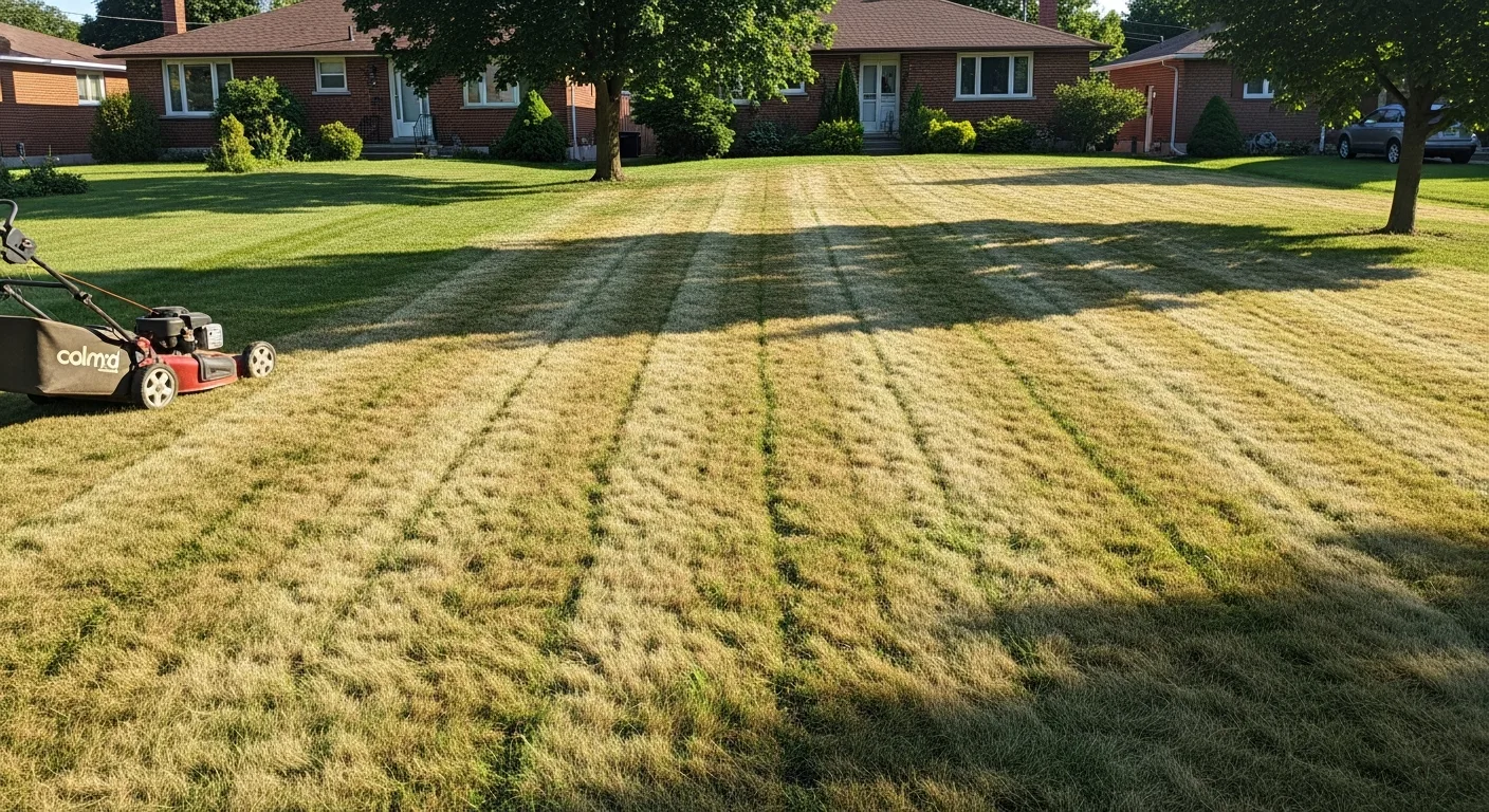 Scalped lawn in Toronto showing yellow-brown grass after being cut too short — common GTA mowing mistake