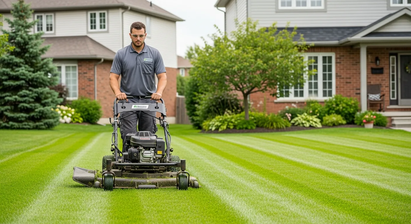 Professional lawn mowing service Toronto — commercial mower producing clean cut at correct 3-inch height