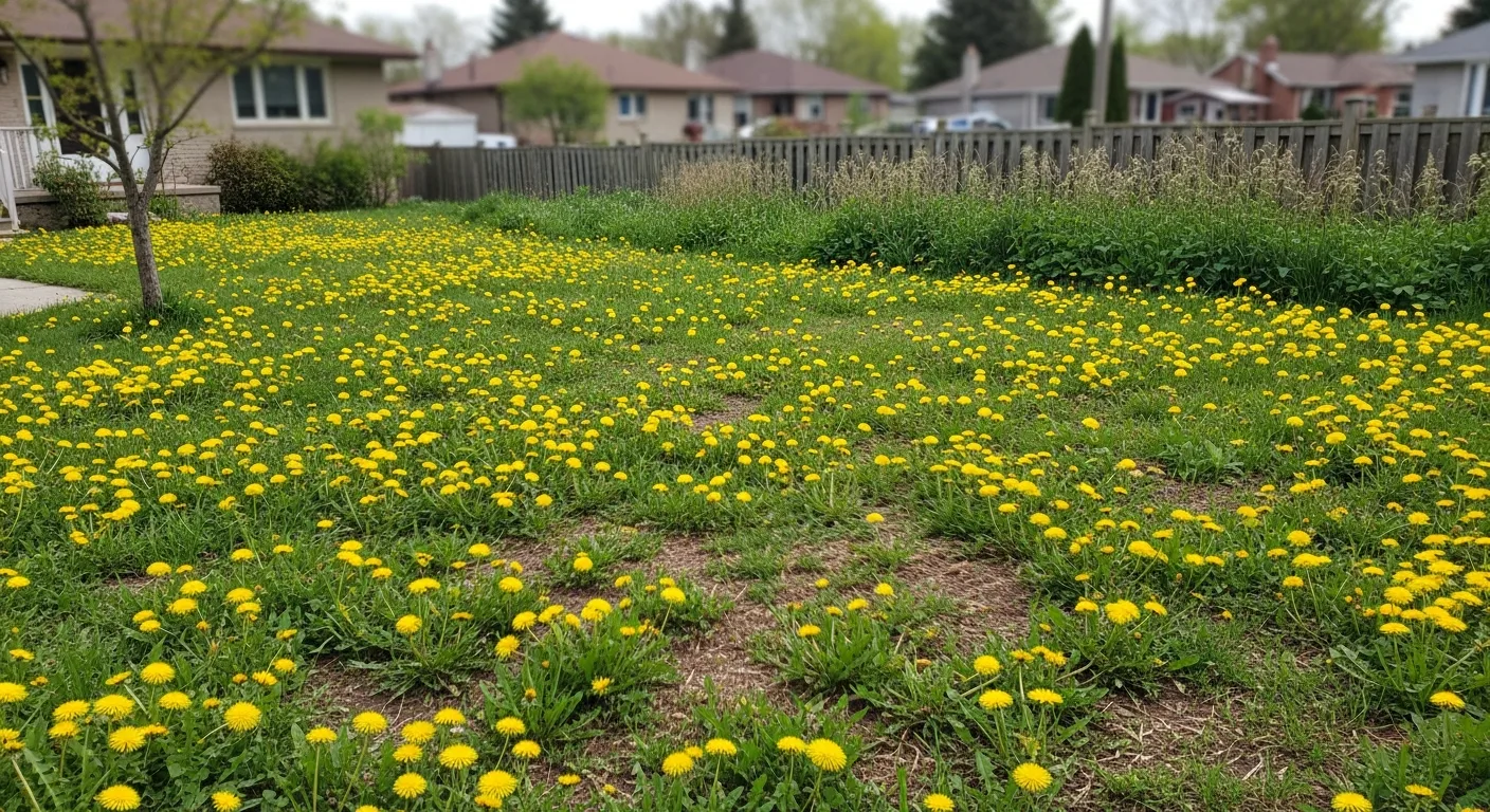Toronto residential lawn covered in dandelions and weeds after winter — spring weed problem in GTA
