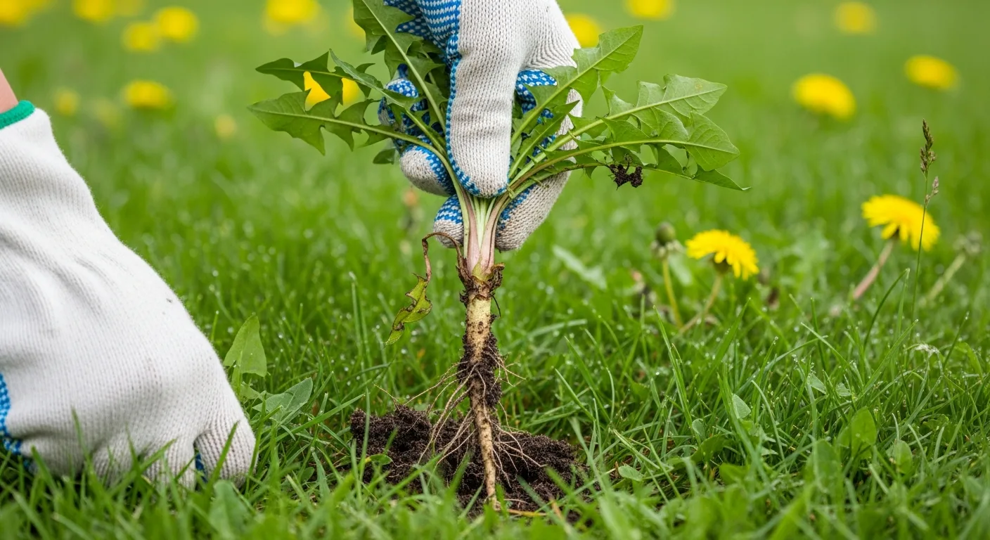 Pulling dandelion taproot from Toronto lawn — proper weed removal technique spring 2026